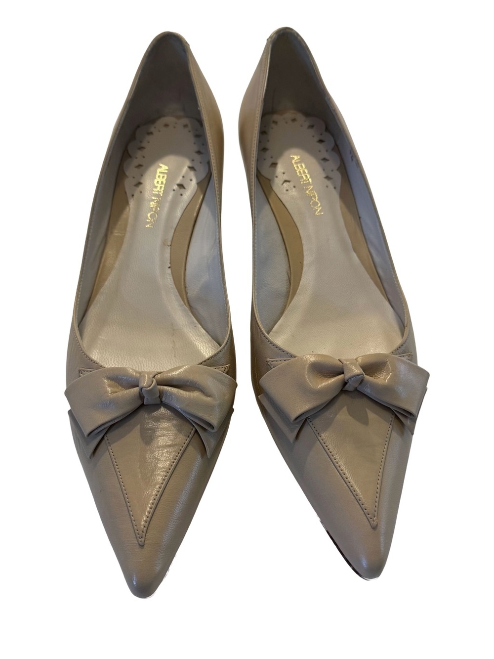Albert Nipon Cecil Women’s VTG Beige Leather. Kitten Heels W/ Bow Sz 9 NEW